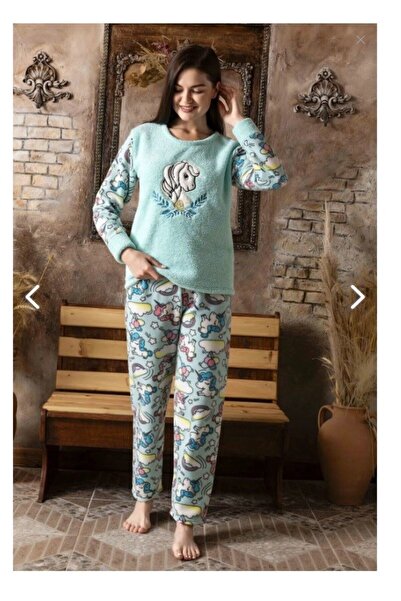 bie's Kadın Su Yeşili Unicorn Düğmesiz Kışlık Wellsoft Polar Uzun Kol Pijama Takımı - Dar Kalıp