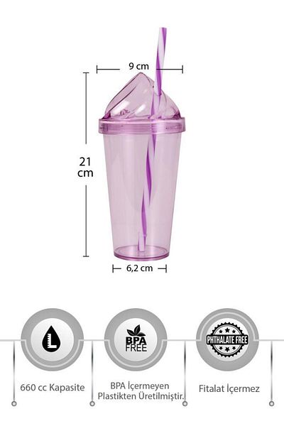 Herevin 3 Pieces 660 Cc Cream Lid Coffee and Soft Drink Glass with Straw