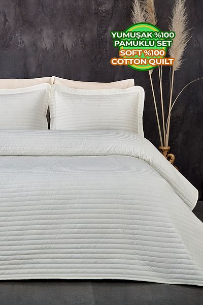 Evlen Home Collection Μονό Judy Horizontal - 100% βαμβακερό ριγέ καπιτονέ, εκρού κρεμ πικέ σετ