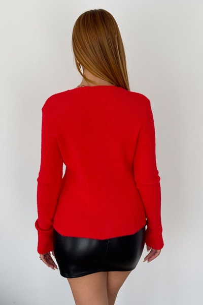 FEMELLE Kadın Kırmızı Standart Beden Gold Düğmeli Soft Doku Triko Hırka