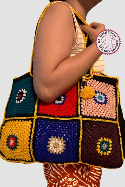 Uretti 5776 ModEl Aslı Hand Knitted Patterned and TassEled Authentic Bag - Multi Color