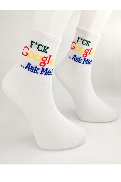 Shuttle Park Unisex Fuck Google Ask Me Socks Yazılı Desenli Beyaz Kolej Çorap