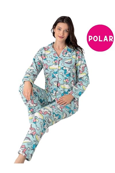 bie's Set de pijamale din lână pentru femei cu model unicorn - guler cămașă, nasturi în față, mânecă lungă - slim fit