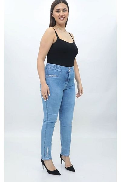 AKŞEN GİYİM LARGE SIZE WAIST LYCRAL COMBINER BEAR PENS AND EMBROIDERY DETAIL SLIM BEAR JEANS