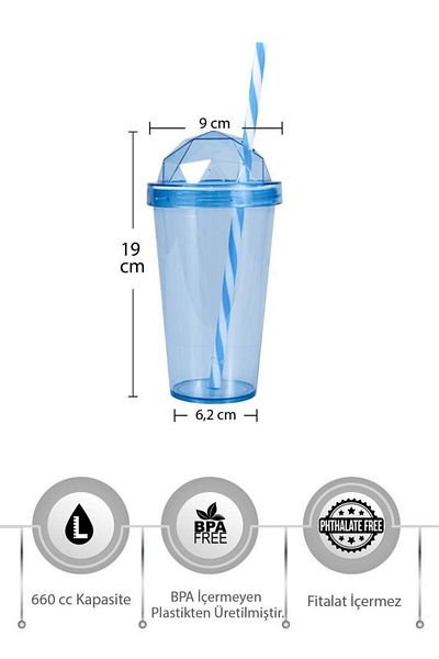 Herevin 3 Pieces 660 Cc Diamond Lid Coffee and Soft Drink Cup with Straw