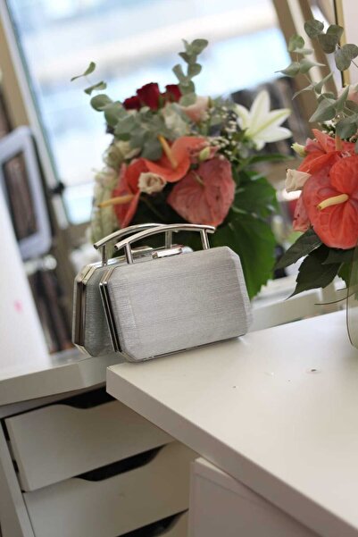 Moom Bag Suport metalic argintiu - Geantă de seară pentru femei în dungi cu detaliu de mâner