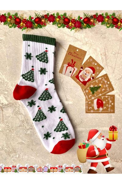 Genel Markalar 2'li Yılbaşı Ağaç Noel Baba Christmas Desenli Hediyelik Kartlı Set Unisex Pamuklu Tenis Kolej Çorap