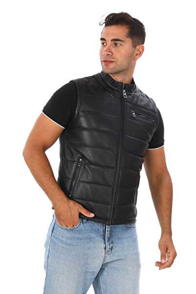db deriburada original Men's Black Genuine Leather Puffer Vest