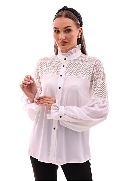 Loom Boutique Büyük Beden Antik Desen Dantelli Krep Gömlek