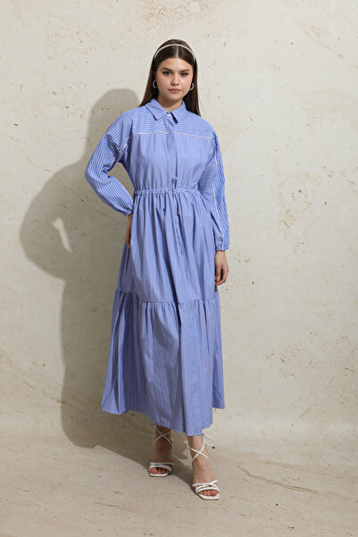 ZÜLAYS Çizgili Büzgü Elbise Mavi