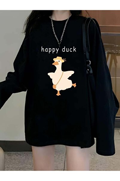 Touz Moda Happy Duck Black Unisex Oversize Φούτερ - Crew Neck