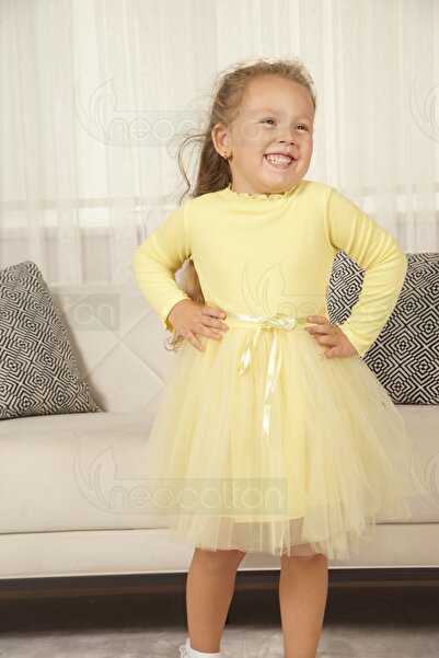 neocotton Tüllü Baskısız Düz Üst Kısım Ribana Alt Kısım Astarlı Tütü Etek Kız Çocuk Prenses Uzun Kollu Elbise