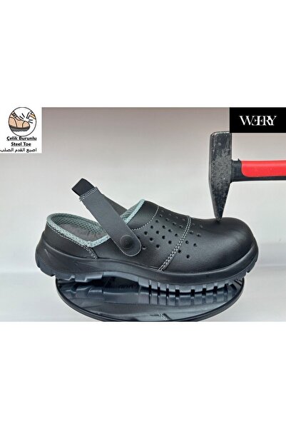 e&e Mekap 210 S1 Siyah Unisex Ortopedik Tabanlı Çelik Burunlu Gıda Fabrika Aşçı Şef İş İçin Sabo Terlik