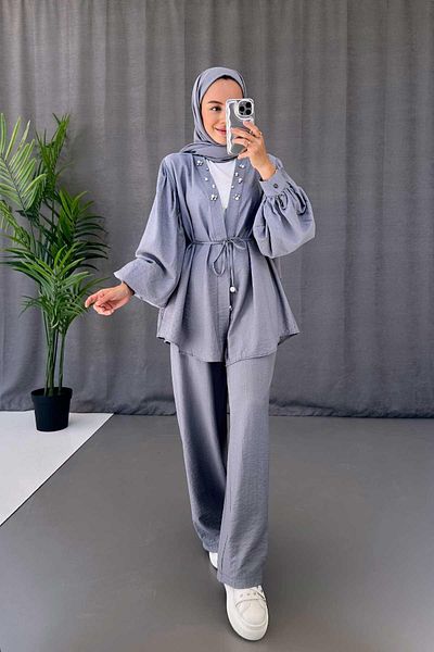 Ka Hijab طقم كيمون رمادي مزين باللؤلؤ