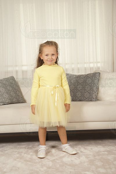 neocotton Rochie de prințesă cu mânecă lungă, cu tul și căptușeală cu nervuri fără imprimeuri, pentru fete
