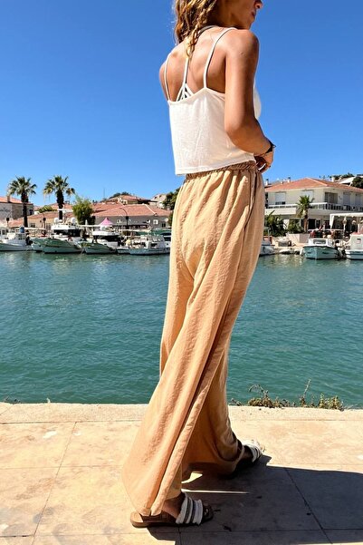 Güneşkızı Caramel Colored Women's Trousers - Elastic Waist, Pockets, Wide Leg Soft Texture BST3391