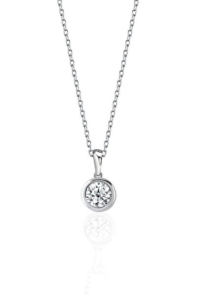 jelux silver Gümüş 925 Ayar 10 Mm Zirkon Taşlı Tek Taş Kolye