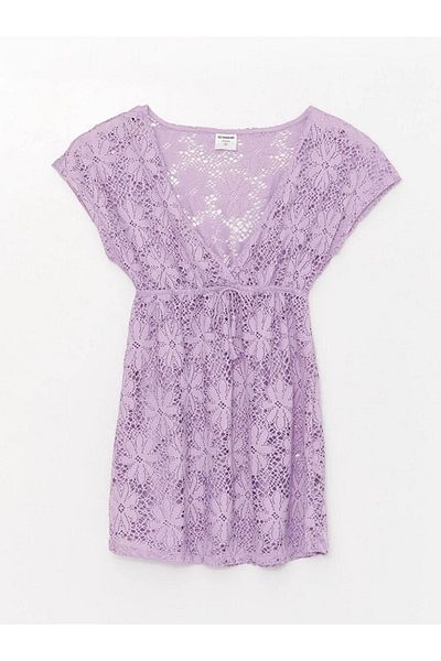 LC Waikiki Lcw Dream V-Ausschnitt Spitze Kurzarm Strandkleid für Damen