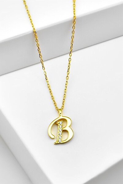 jelux silver Gümüş 925 Ayar Zirkon Taşlı Gold Harf Kolye B
