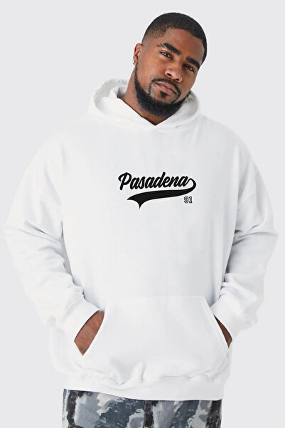 FUWEAR Hanorac supradimensionat unisex cu imprimeu Pasadena - Alb, cu 3 fire ...