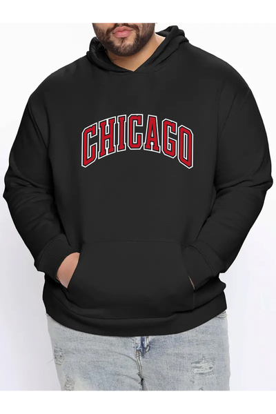 FUWEAR سويت شيرت قطني أسود مطبوع بحجم كينغ من شيكاغو - 3 خيوط نقطية، بغطاء للرأس