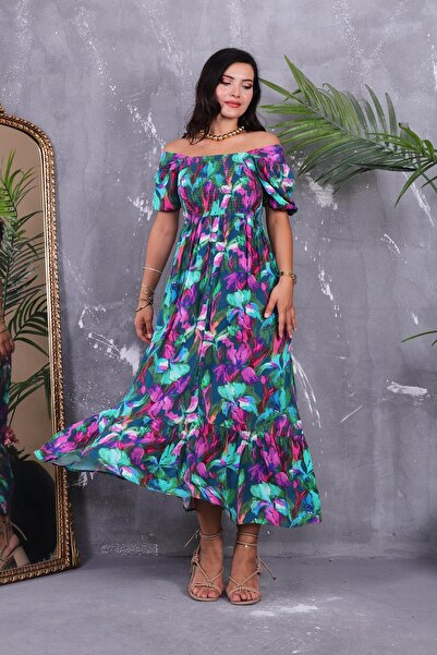 ZEYWEAR Karpuz Kol Lastikli Kloş Elbise