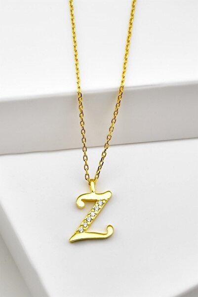 jelux silver Gümüş 925 Ayar Zirkon Taşlı Gold Harf Kolye Z