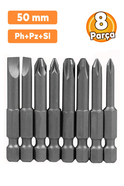 Badem10 Matkap Ucu Uçları 50 mm Yıldız Düz Bits Vidalama Uç Seti PH+PZ+SL 8 Parça
