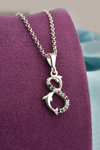 jelux silver Gümüş 925 Ayar Renkli Taşlı Yunus Model Kolye