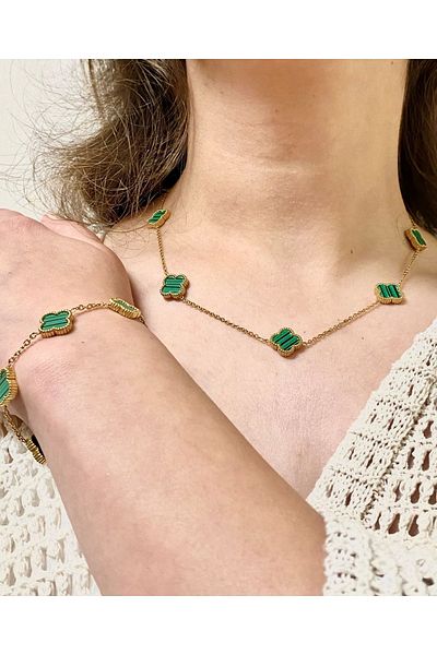 Inure Jewelry Glare Van Cleef Green Clover Model Women's Steel (NECKLACE & BRACELET) Set of 2