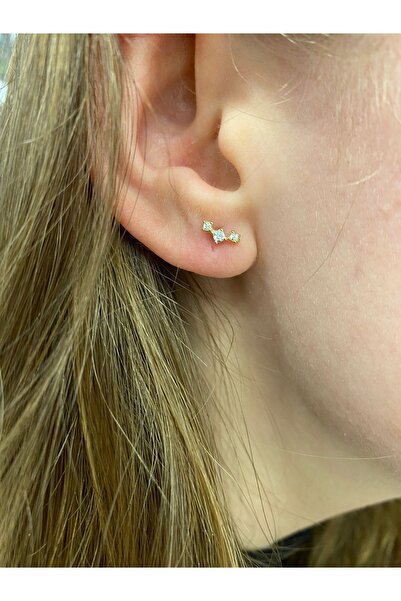 Hepimitu Üç Taşlı Tragus Piercing Altın Küpe