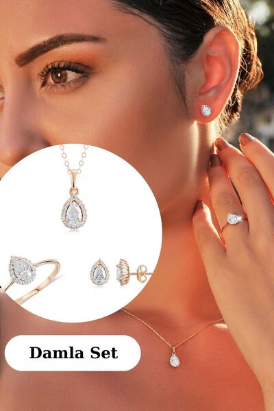 Hepimitu Damla Taşlı Altın Set - 3'lü