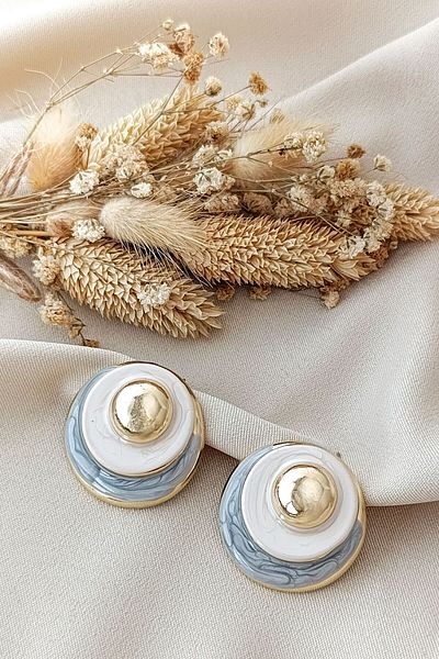 COSİTA Gold Colored Filled Gray Cream PaStel Large EarringS - Sequential and Round
