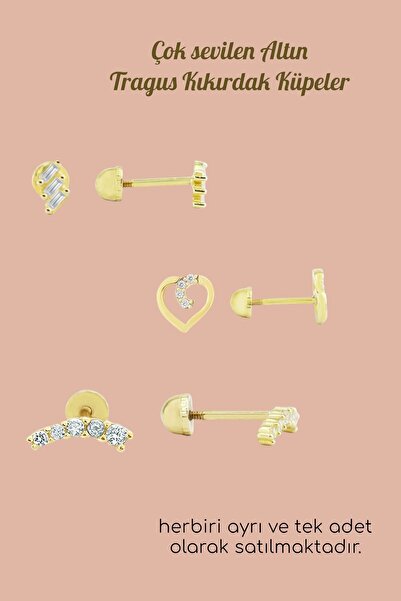 Hepimitu Taşlı Kare Tragus Piercing Altın Küpe