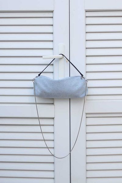 Moom Bag Geantă de umăr pentru femei în formă de cilindru din denim albastru