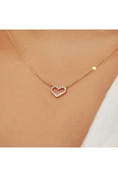 Hepimitu Taşlı Ikili Kalp Altın Kolye