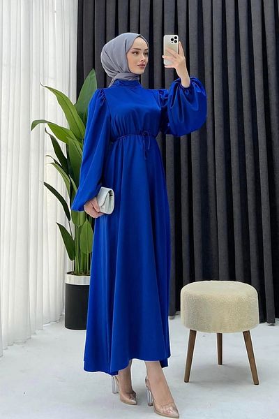 Tesettür Diyarı Saks Colorful Dimitra Satin Balloon Sleeve Dress