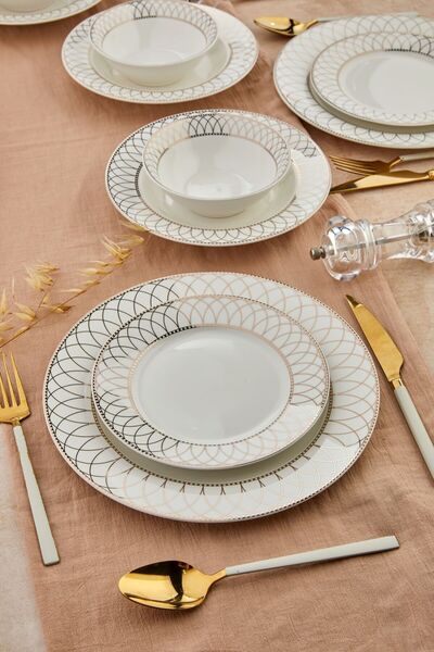 NOVVO Geometrik Zerafet New Bone 24 Parça Yemek Takımı