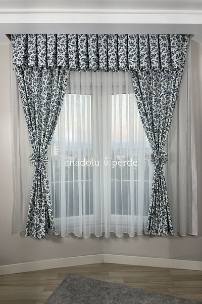 GLOMAR Blue Floral Rustic Short Background Kitchen Curtain - 1/3 Crispy Pleat Pattern