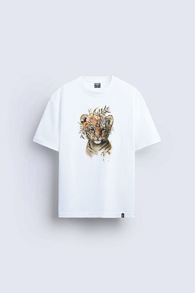 Darkia leopard PrinTed Puppy Flower PaTTerned Relaxed FiT WhiTe T-shirt - Crew Neck