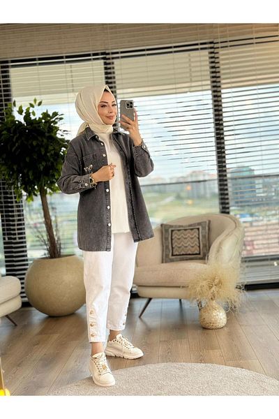 ALANURMODA Bead and Pearl Detailed Denim Shirt