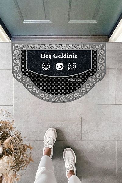 M&H Quality Welcome Summer Smiley Patterned Half Moon Model - Gold Color Mat