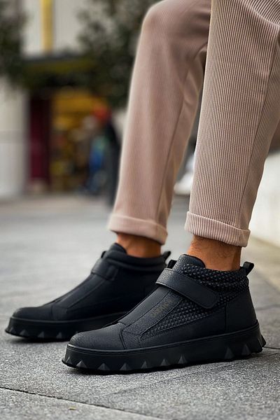 BZ Moda B103 Pyramid - Ανδρικές μαύρες αθλητικές μπότες, ορθοπεδική σόλα, καθημερινό δέρμα χωρίς κορδόνια