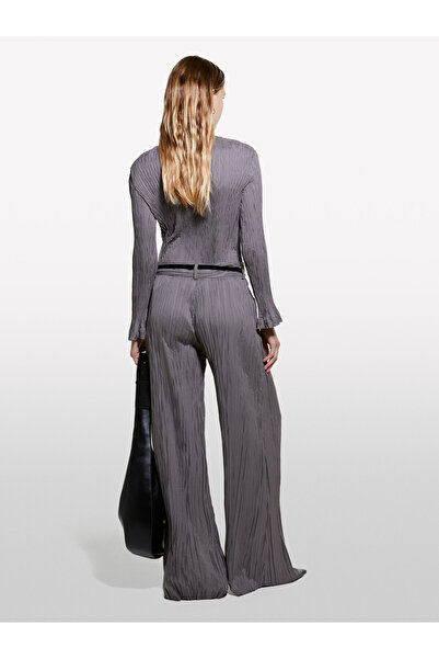 Sisley Smoke Colored Women's Trousers - Side Hidden Zipper, Regular Waist, Wide Leg