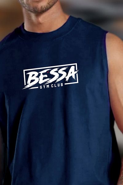 BESSA Bessa Gym Navy Blue Oversize Cotton Sleeveless T-Shirt/Atlet - Crew Neck
