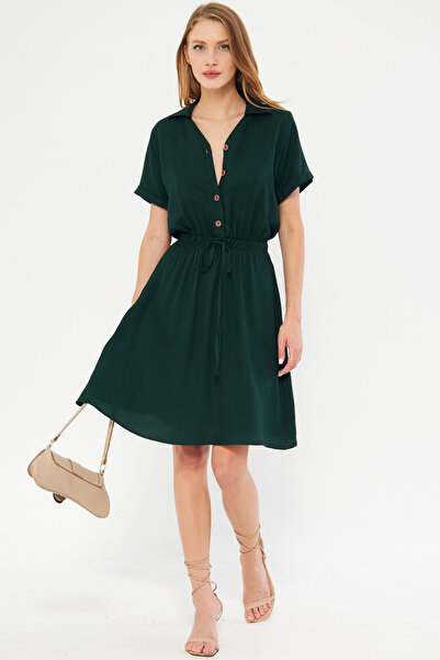 armonika Σκούρο πράσινο πουκάμισο φόρεμα για γυναίκες - ελαστική μέση, κοντό μανίκι ARM-23Y 001035