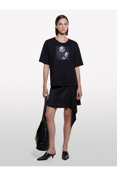 Sisley Tricou negru pentru femei, 100% bumbac, cu mânecă scurtă, cu decolteu, imprimat în față