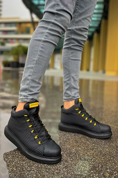 BZ Moda B111 Milano - Ανδρικά Ορθοπεδικά Αθλητικά Μποτάκια, Casual Skin, Lace Up, Μαύρο/Κίτρινο