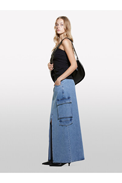 Sisley Kadın Açık Mavi Denim %100 Pamuk Önü Yırtmaçlı Cep Detaylı Uzun Etek