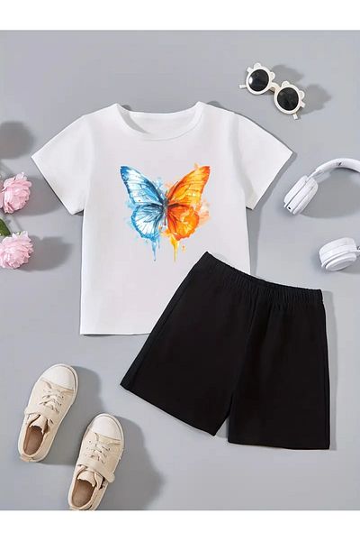 THEKONT Fire Colored Butterfly Printed Tshirt-Shorts Top and Bottom Set